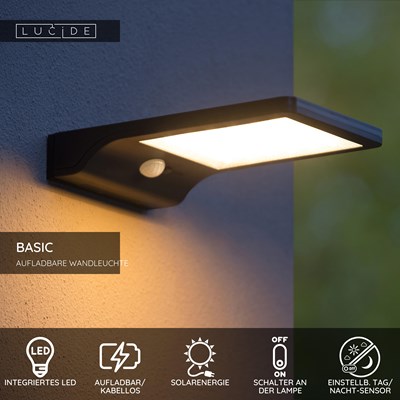 Lucide BASIC - Wandleuchte - Sonnenenergie - LED - 1x3W 2700K - IP44 - Bewegung und Tag/Nacht-Sensor - Schwarz